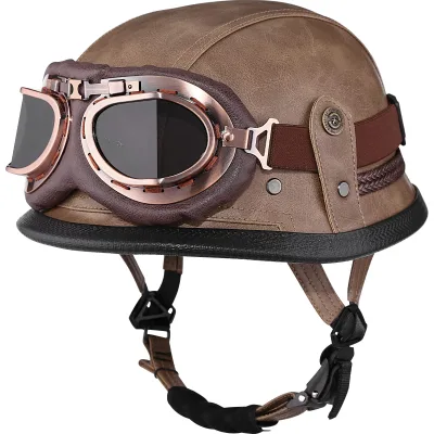 Brown Leather Surface Half German Style Motorcycle Helmet in DOT Approved, Motorcycle Cruiser Scooter Cool Helmet