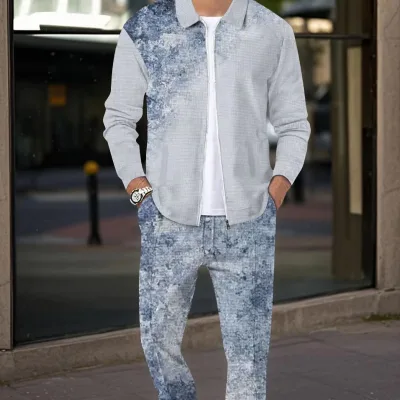 Temu Factory Men's Sports Suit Casual Vintage Style Breathable Heat-transfer Printed Solid Pattern Autumn Waffles Jacket 2 1