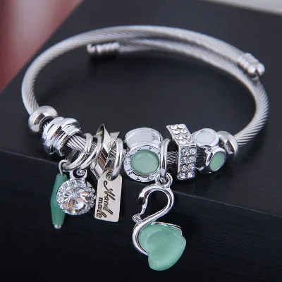 Fashion Stainless Steel Bangle Swan Pendant Crystal Jewelry Charm Bracelets for Women