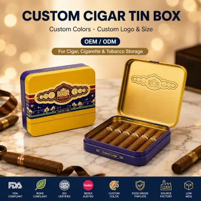 Custom Printed Rectangular Metal Tin Box Cigarette Packaging Case With Hinged Lid Portable Storage Manufacturer
