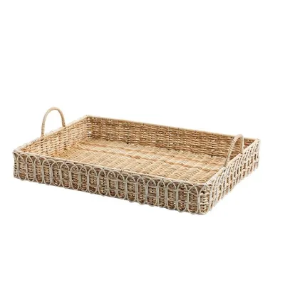 Wholesale Natural Rattan Serving Tray Wooden Bamboo Counter Bathroom Dressert rattan Tray Rattan 22.5" Rectangular Tray