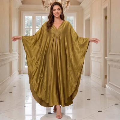 Vintage Solid Woven Plus-Size Loose Fit Long Summer Breathable Anti-Wrinkle Deep V Neck Drop Shoulder Flounce Hem Dress for Day
