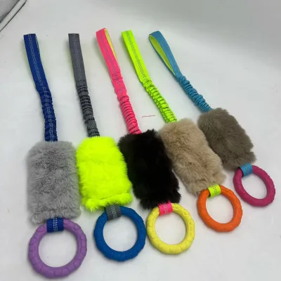 Pet Training Supplies Dog Chew Toy Fur Tug Training Equipment Plush Long Bungee Tug Dog Bite Mop Toy With Bungee Flexible Handle