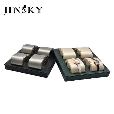 JINSKY Luxury Pu Leather Watch Display Trays champagne Color Watch Cushion Holder Watch Display for Retail Shop