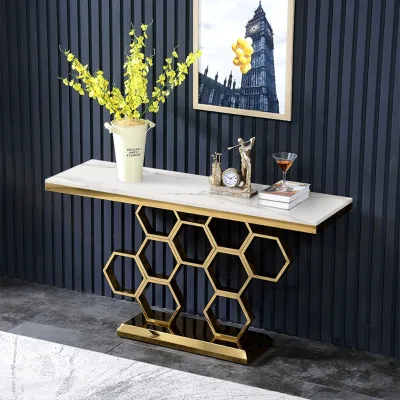 Modern White and Black Marble Top Metal Legs Console Table for Farmhouse & Villa Living Room Home Furniture