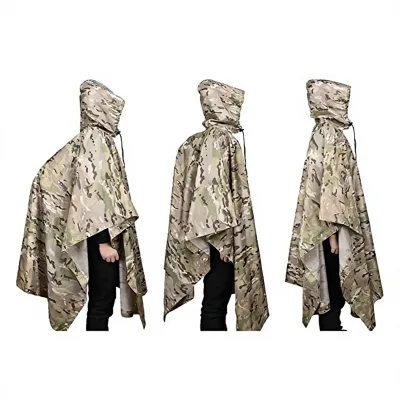 Hooded Camouflage Ripstop Rain Poncho 210T Polyester PU for Men Outdoor Hiking and Camping, Custom Logo, ISO CE