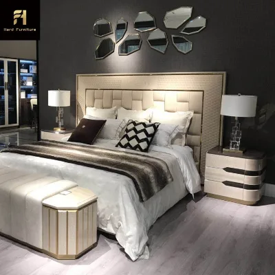 Luxury Leather Bed Golden Stainless Steel Frame Wide Headboard Queen Size Upholstered Bed Latest Design Modern Bed