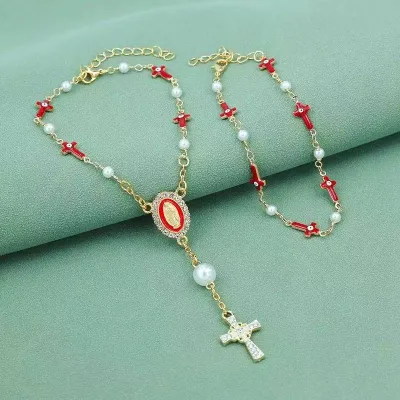 Virgin Mary Baptism Eye Prayer Beads Cross Bracelet, Religious Style Alloy Copper Christian Rosary Bracelet for Gift