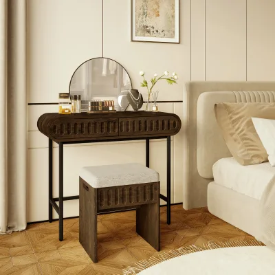 Walnut Wood Vertical Pattern Double Drawer Dressing Table, with Round Mirror Bedroom Makeup Table, Guesthouse Dressing Table