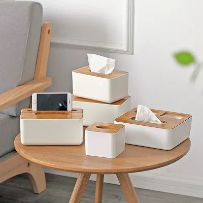 Luxury Custom Logo Plastic Case Storage Case Stand Box Napkin Holder Organizer Rectangle Tissue Box Holder With Wood Lids