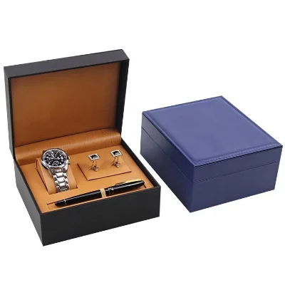 Wholesale Charming Packing Black Brown Blue PU Leather Watch Box Cuff Pen Packing Case with Logo PWS328