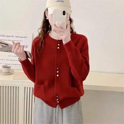 2026 Autumn New Arrival Korean Minimalism Style Women's Plus Size Crew Neck Long Sleeve Cardigan with Pearl Buckle Sweater
