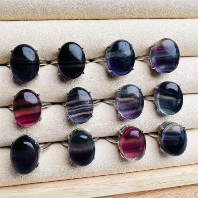 Hot sale high quality natural polished rainbow fluorite crystal ring carvings colors crystal oval rings for gifts decoration