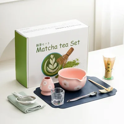 Astief Traditional Japanese Green Tea Ceremony Gift Custom Pink Ceramic Bowl and Holder Matcha Tools Kit