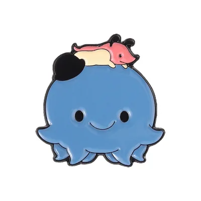 Cute Blue Octopus With Pink Shrew Mouse Enamel Lapel Pin, Kawaii Sea Animal Small Mammal Cartoon Metal Brooch