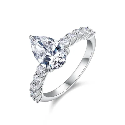 Pass Diamond Tester 925 Sterling Silver Pear Cut Moissanite Ring Hypoallergenic Twist Shank Side Stone Engagement Band Jewelry