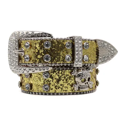 New Gold Glitter Rhinestone Belt Full Diamond Skull Accessories Punk Custom Rhinestone Belt