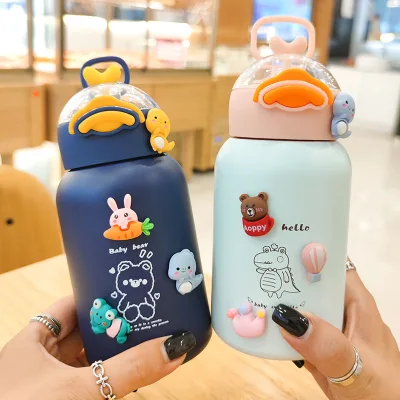 Hot Selling Kids Bottle With Straw Cute Stainless Steel Portable Children's Thermos With Stickers