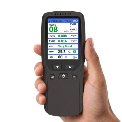 Handheld Portable High Accuracy Home Air Quality Monitor PM2.5/PM10/PM1.0/HCHO/TVOC Detection LCD Sound Alarm Data Storage