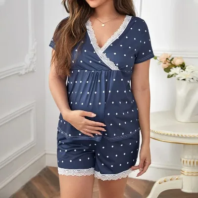 Custom Short Sleeve Nursing Breastfeeding Wear Polka Dot Lace Trim Overlap Collar Maternity Clothes Pajama