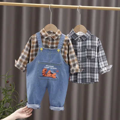 New style autumn Toddler Boys 2 Pieces Clothing Set long sleeves plaid shirt + denim cartoon bib pants jeans clothing for kids