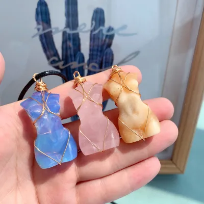 Hand Carved 4cm Goddess Model Healing Crystal Strawberry Quartz Gemstone Gold Wire Wrapped Female Body Necklace Pendant