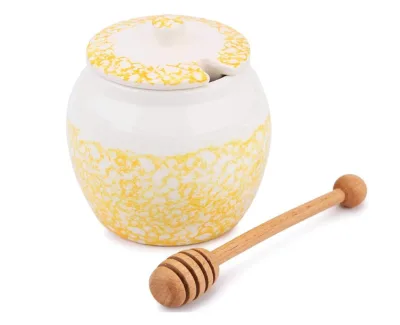 Ceramic Honey Pot Jar With Lid and Wooden Dipper for Home Kitchen, 15.5 Ounces, Porcelain Honey Container for Storage