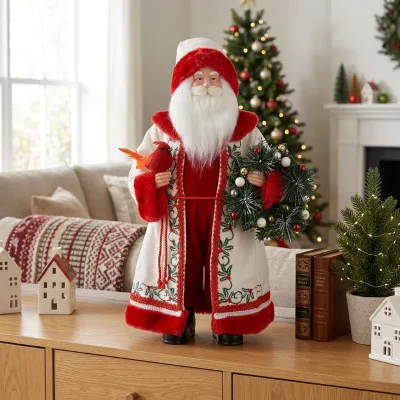 Elegant White Embroidered Santa Claus Decor Figurine for Christmas Party Home Ornament Premium