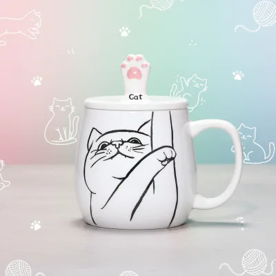 Cat Mug Cute Ceramic Coffee Cup with Lovely Kitty with Lid Stainless Steel Spoon,Novelty Morning Cup Tea Milk Christmas Mug