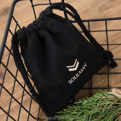 Black Cotton Canvas Jewelry Pouch with Drawstring Closure Customizable Sizes (120-250GSM Thickness)