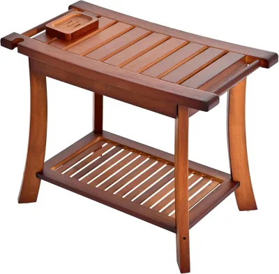 Wooden Bathroom Bench with Storage Shelf Teak Shower Chair Stool