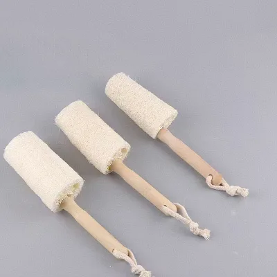 Hanging Natural Loofah Cup Brush with Wood Handle Oil-Resistant Kitchen Dish Scrubber for Glasses Mugs Durable Cleaner