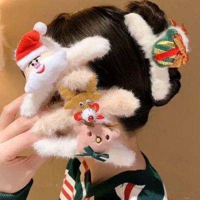 Women Girls Hair Accessories Xmas Gift Plush Cartoon Santa Claus Reindeer Cute Sweet Back Head Party Christmas Hair Claw Clips