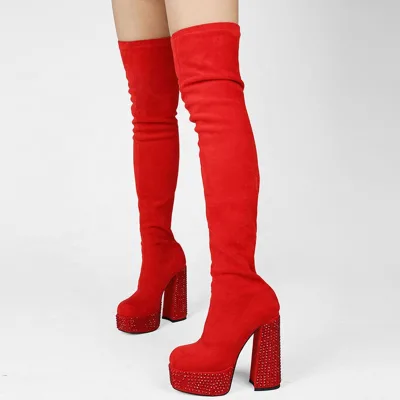 2022 Hot Red Stretch Flock Long Boots Shoes Thick Heel Platform Rivets Studs Boarded High Heel Boots Over Knee Winter Size 45