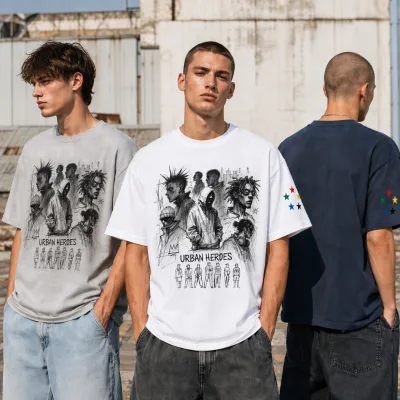 Premium 100% Cotton Crew Neck Crop T-shirt Digital Print Short Sleeve Urban Heroes White Tee Star Sleeve Decoration Unisex Tops