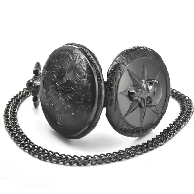 Vintage Black Skull Quartz Pocket Watch Necklace Pendant with World Time Function