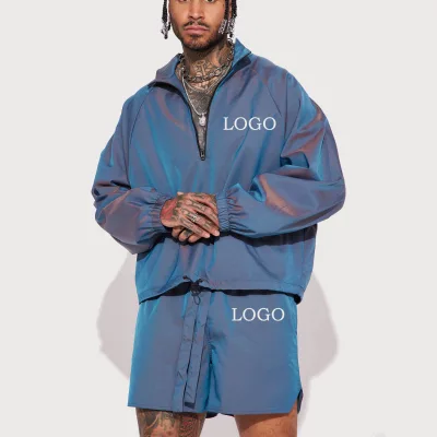 Men's Gradient Reflection Nylon Jackets Sport Wear Jacket and Windbreaker Shorts Set Men Nylon Tracksuit