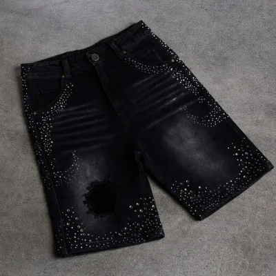 Custom Men Rhinestone Stud Jorts Acid Wash Black Denim Shorts Distressed Bling Baggy Jeans Shorts Streetwear Manufacturer