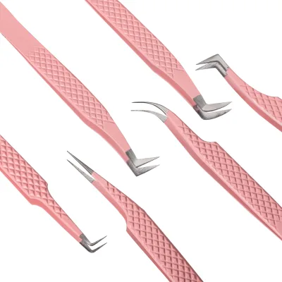 Best Seller Wholesale 60 Degree Stainless Steel Pink Volume Lash Tweezers Eyelash Extension Tool