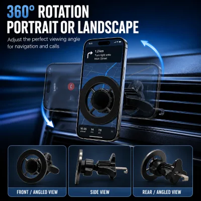 Gunmetal Four-spoke Frame Aluminum Alloy Suction Cup Car Vent Phone Mount Stable Durable Anti-Slip 360 Degree Rotation