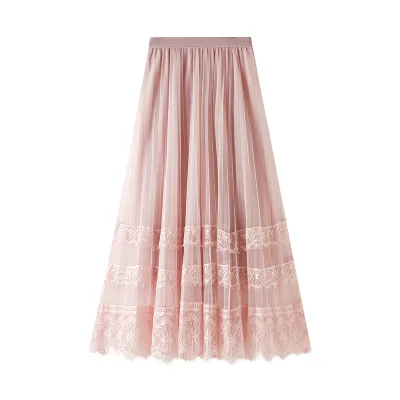 Spring Korean Version New Sweet High Waist Lace Patchwork Mesh Anti-Wrinkle Pleated A-line Midi Skirt Women's