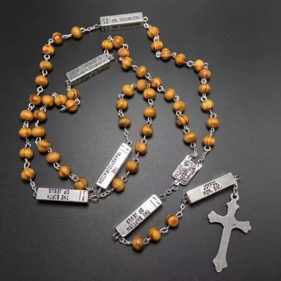 6*7mm Round Pinewood Rosary Catholic Necklace With Five Mysteries Antique Silver Fatima Center and Jesus Cross