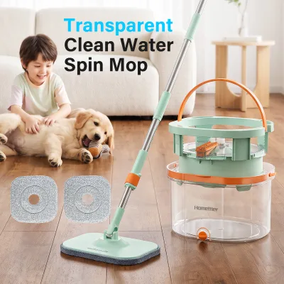 Homettler Transparent Microfiber for 360 for Bucket Set Stainless Steel Pole Telescopic Handle 700ml Capacity Dry/Wet Use