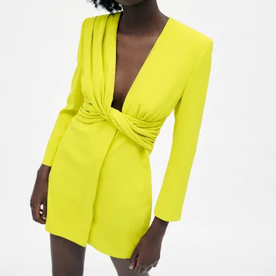wholesale neon green shoulder pad v neck sexy blazer jacket women pleated knot blazer dress