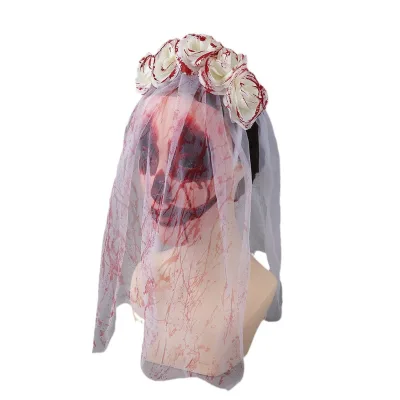 Scary Bloody Ghost Bride Veil with Roses Halloween Zombie Bride Headpiece Party Decoration Mask with Bloodstain