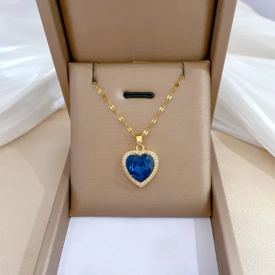 Trendy Classic Gold Plated Blue Heart Stone Pendant Choker Stainless Steel Jewelry Necklace for Women