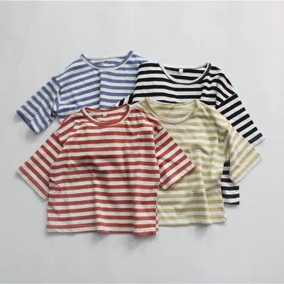 New Design Hot Selling Dropped Shoulder Short Sleeve Stripe Shirt 100% Cotton Boys Simple Shirts Kids t Shirt Summer