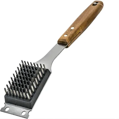 Stainless Steel Metal Safe BBQ Grill Brush BBQ Grill Cleaning Brush with Scraper Large Wooden Handle