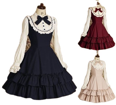 Sweet Girls Vintage Slim Cotton Dress Lolita Classic Mary Magdalene Women Bow Tie Ruffle Layer Princess Mini Costume for Ladies