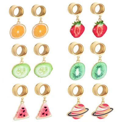 Stainless Steel Cute Fruit Dangle Ear Gauges Plugs Weights FleshTunnels Ear Expander Body Piercings Jewelry